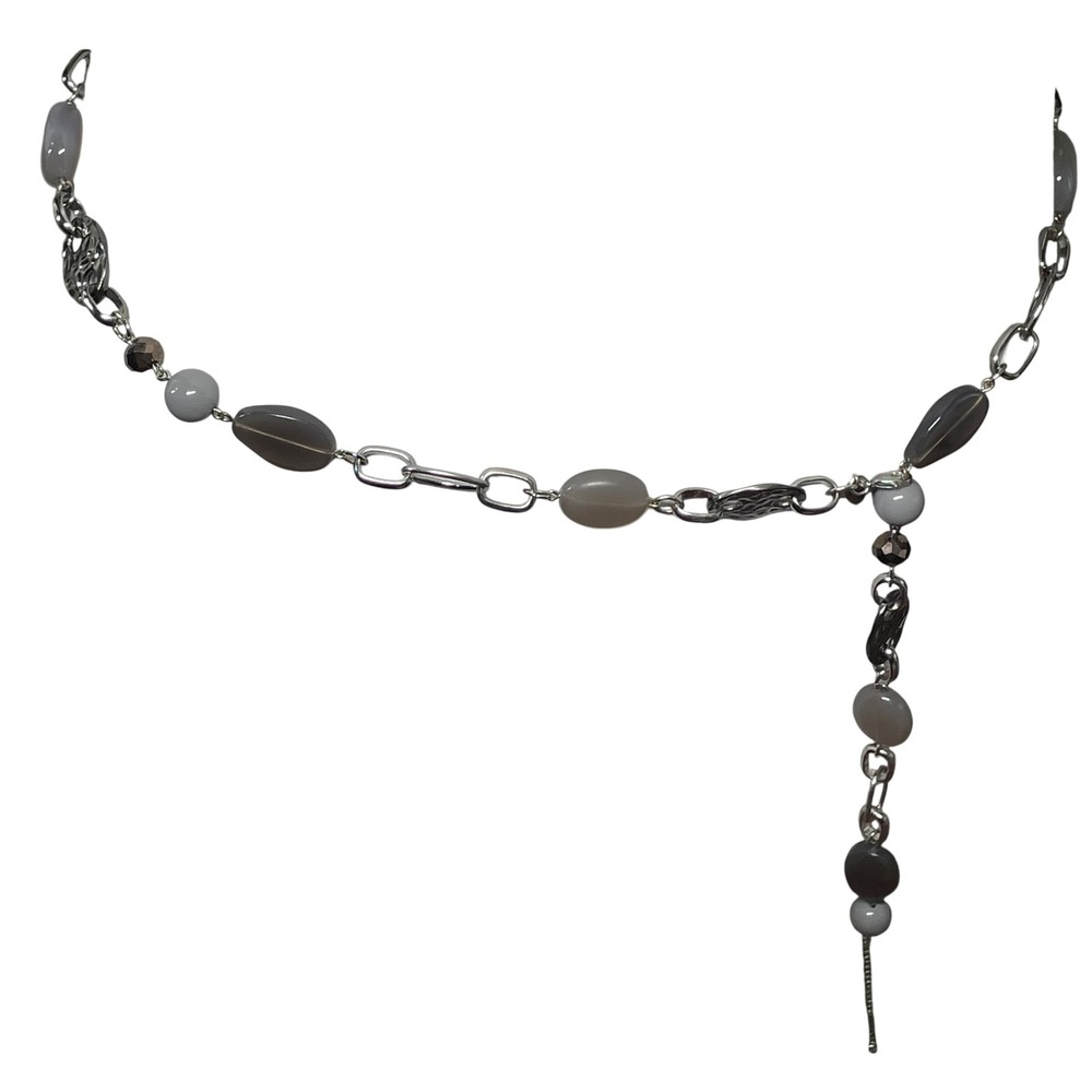 Lia Sophia Women Chain Belt Silver Grey Resin Stone 41" Adjustable Boho Chic